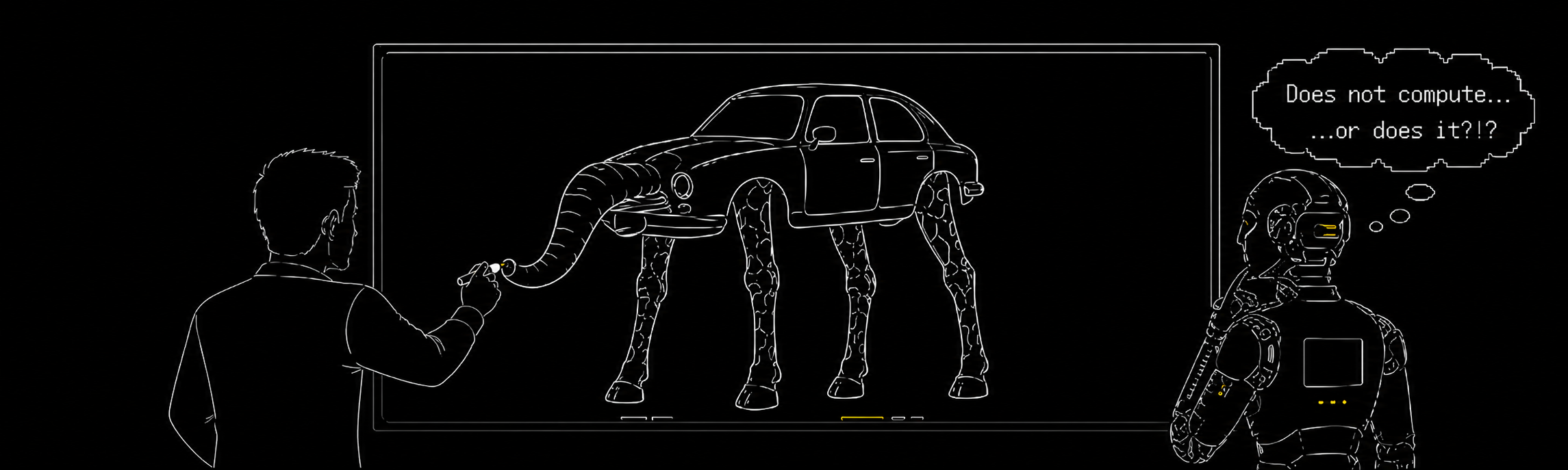 On the whiteboard, the human has sketched a car with an elephant's trunk for a front end and long, giraffe-spotted legs instead of wheels. The robot watches, a thought bubble reading 'Does not compute… …or does it?!?'